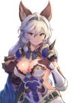  1girl animal_ears breasts brown_eyes character_request cleavage elbow_gloves gloves granblue_fantasy grey_hair hair_between_eyes hairband hand_on_own_chest large_breasts long_hair looking_at_viewer simple_background smile solo upper_body white_background yamabuki7979 
