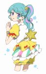  1girl :3 blue_eyes blue_hair cowboy_shot cropped_legs dress earrings from_behind hair_ornament hands_up highres jewelry long_hair looking_at_viewer looking_back multicolored_hair nojima_minami open_mouth own_hands_together pinon_(pripara) pretty_(series) pripara puffy_short_sleeves puffy_sleeves purple_hair short_sleeves side_ponytail sidelocks simple_background smile solo standing star_(symbol) star_earrings star_hair_ornament streaked_hair white_background winding_key yellow_dress 
