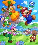  1girl 5boys blue_overalls blue_sky blue_toad_(mario) brown_footwear brown_hair bubble cloud crown dress earrings facial_hair fence flower flower_earrings gloves goomba grass green_overalls highres in_bubble jewelry jumping luigi mario mario_(series) multiple_boys mustache open_mouth orange_footwear overalls pink_headwear pink_shirt prince_florian princess_daisy red_headwear red_shirt shirt sky smile speed_lines super_mario_bros._wonder sweatdrop talking_flower_(mario) vinny_(dingitydingus) warp_pipe waving white_gloves wonder_flower wooden_fence yellow_dress yoshi 