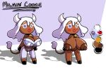  2023 animal_humanoid animal_print areola bell bell_collar big_breasts big_nipples biped blush bovid bovid_horn bovid_humanoid bovine bovine_horn bovine_humanoid bra breasts brown_body brown_skin cattle_humanoid cleavage clothed clothing collar cookie cookie_(cookie_run) cookie_run cookie_run_kingdom cow_horn cow_print cowbell digital_media_(artwork) english_text exposure_variation eyebrows eyelashes fan_character female food food_creature food_humanoid genitals hair hi_res hooves horn huge_breasts humanoid mammal mammal_humanoid milkin_cookie model_sheet nipples not_furry purple_eyes pussy sachasketchy short_stack simple_background solo strapless_bra strapless_clothing strapless_underwear tail tail_tuft text tuft underwear white_hair 