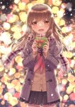  1girl blurry blurry_background blush bokeh box brown_eyes brown_hair cardigan christmas coat cowboy_shot depth_of_field duffel_coat gift gift_box highres holding holding_gift ibuki_ena long_hair long_sleeves looking_at_viewer neckerchief open_mouth original plaid plaid_scarf pleated_skirt scarf school_uniform serafuku skirt smile solo straight-on 