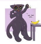  2023 anthro banana biped black_body black_eyes bodily_fluids dialogue domestic_cat english_text fangs felid feline felis food fruit genital_fluids genitals half-erect hi_res k1ko male mammal navel open_mouth penis plant precum simple_background solo teeth text 