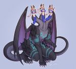 2023 blue_clothing breasts clothing crouching digital_media_(artwork) female grey_background hand_on_hip hi_res horn humanoid_pointy_ears hydra membrane_(anatomy) membranous_wings michel0dy multi_body navel open_mouth scalie simple_background smile solo tail wings 
