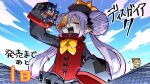  1boy 1girl afterimage bandit_(disgaea) bell blue_hair blue_shorts bow candy chinese_clothes closed_eyes colored_skin copyright_name countdown disgaea double_bun emphasis_lines food giant giantess goggles goggles_on_head grey_skin hair_bun hanimitsu_(bisko) jiangshi jiangshi_costume jingle_bell lollipop long_hair makai_senki_disgaea_7 ofuda open_mouth paw_shoes purple_hair saber_kitty_(disgaea) shorts sky swirl_lollipop twintails yellow_bow zombie_maiden_(disgaea) 