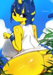  absurd_res animal_crossing ankha_(animal_crossing) anthro biped blue_hair bottomless breasts butt clothed clothing detailed_background domestic_cat felid feline felis female front_view genitals hair hi_res mammal menyang nintendo nipple_outline pussy rear_view solo yellow_body 