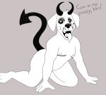  2021 anthro black_horn black_nose black_tail black_text bluekyokitty bodily_fluids canid canine canis demon dialogue digital_drawing_(artwork) digital_media_(artwork) domestic_dog drooling english_text eyebrows flat_colors floppy_ears grey_background greyscale half-closed_eyes hindpaw horn humanoid_hands kneeling looking_at_viewer male mammal mastectomy_scar monochrome muscular_arms narrowed_eyes nipples nude open_mouth paws raised_tail saliva scar sebastian_(sebdoggo) sebdoggo simple_background solo spade_tail tail talking_to_viewer teeth text tongue tongue_out trans_(lore) trans_man_(lore) 