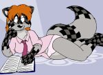  checkered_fur eyewear female glasses hair mammal necktie procyonid raccoon reading red_hair tabbiewolf 
