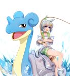  1girl absurdres blue_eyes choker commentary ear_covers fishing_rod flower frilled_shirt frills green_sailor_collar green_shorts grey_hair hair_flower hair_ornament hairclip high_heels highres holding holding_fishing_rod lapras layered_shirt layered_sleeves lexis_yayoi long_sleeves pokemon pumps red_choker riding riding_pokemon sailor_collar seiun_sky_(umamusume) shirt short_hair shorts single_ear_cover sitting sunflower sunflower_hair_ornament symbol-only_commentary thigh_strap umamusume white_footwear white_shirt 