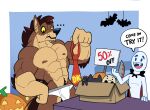  absurd_res anthro brown_body brown_fur canid canine canis cationalfa duo fur hair halloween halloween_decoration hi_res holidays human jack-o&#039;-lantern male male/male mammal muscular muscular_anthro muscular_male necktie wolf 