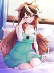  1girl animal_ears bed blanket blush breasts brown_hair cleavage closed_mouth curtains dress earring_removed ears_down green_dress hand_up highres horse_ears horse_girl horse_tail indoors long_hair looking_at_viewer multicolored_hair on_bed one_eye_closed pajamas pillow purin_jiisan purple_eyes rubbing_eyes sitting sleeveless sleeveless_dress small_breasts solo strap_slip streaked_hair symboli_rudolf_(umamusume) tail tearing_up umamusume waking_up window 