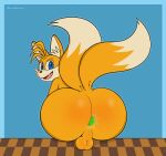  2_tails absurd_res anus balls blue_background blue_eyes butt canid canine chaos_emerald fangs fox fur gem genitals hi_res male mammal miles_prower mobian_fox multi_tail object_in_ass orange_body orange_fur penetration sega sherwind52 simple_background smile smiling_at_viewer solo sonic_the_hedgehog_(series) tail teeth 