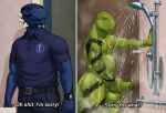  anthro argonian balls bathing belly bethesda_softworks biceps big_balls big_penis bodily_fluids caught clothing comic cum cumshot dialogue duo ejaculation english_text erection genital_fluids genitals glistening glistening_body hi_res humanoid_genitalia humanoid_penis komodo_dragon lizard male masturbation meme monitor_lizard muscular muscular_anthro muscular_male nude penile penile_masturbation penis reptile scalie shower showering slightly_chubby ssslith standing tail tall_lizzard_(artist) text the_elder_scrolls tristen uniform vein veiny_penis water wet 