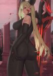  1girl absurdres ass bare_shoulders black_bodysuit black_gloves blonde_hair bodysuit breasts elbow_gloves fate/grand_order fate_(series) from_behind gloves highres horns kakeku large_breasts long_hair looking_at_viewer looking_back nero_claudius_(fate) parted_lips pointy_ears queen_draco_(fate) red_eyes smile thighs weapon 