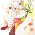  1girl :d animal animal_ears bamboo cookie_run food food_on_face hair_ornament highres holding holding_animal looking_at_viewer moon_rabbit_flavored_cookie rabbit rabbit_ears red_eyes short_hair smallsalmon smile solo white_background white_hair wide_sleeves 