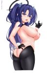  1girl absurdres black_gloves blue_archive blue_eyes blue_hair blush breasts cici_(1021440922) fellatio_gesture from_behind gloves hair_between_eyes halo hand_on_own_ass hand_up highres long_hair looking_at_viewer looking_back medium_breasts meme_attire midriff nipples open_mouth purple_eyes purple_hair rabbit_tail reverse_bunnysuit reverse_outfit solo tail thighs tongue tongue_out topless turning_around very_long_hair yuuka_(blue_archive) 
