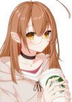  1girl absurdres ahoge berry black_choker brown_eyes brown_hair brown_hoodie choker coffee_cup crossed_bangs cup disposable_cup double-parted_bangs earrings food-themed_earrings glasses hair_between_eyes highres holding holding_cup hololive hololive_english hood hoodie jewelry long_hair looking_at_viewer multicolored_hair nanashi_mumei nanashi_mumei_(3rd_costume) necklace noahbo official_alternate_costume oversized_clothes pointy_ears red_shirt round_eyewear shirt sleeves_past_wrists smile starbucks starbucks_siren streaked_hair sweater virtual_youtuber white_sweater 