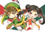  1boy 1girl black_hair blush brown_eyes brown_hair cardcaptor_sakura chibi child closed_mouth double_bun female_child green_footwear hair_bun highres li_meiling li_xiaolang momo-tako open_mouth pants red_eyes sword weapon white_pants 