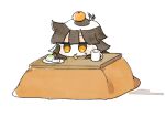  1girl ahoge ahoge_wag brown_hair commentary_request cup employee_(lobotomy_corporation) expressive_hair food food_on_head fruit fruit_on_head hoshizuki_sakusa jitome kotatsu lobotomy_corporation lowres mandarin_orange mochi mug no_nose object_on_head orange_eyes pale_skin plate project_moon simple_background solo table watercolor_effect white_background 