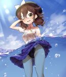  breasts brown_hair bubble clear_sky feet_out_of_frame futa_(nabezoko) glasses hat low_twintails one-piece_swimsuit partially_submerged purple_skirt quimbaya_airplane school_uniform see-through shirt short_sleeves short_twintails skirt sky small_breasts swimsuit touhou twintails usami_sumireko water wet wet_clothes wet_shirt 