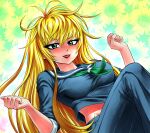  1girl blonde_hair blue_serafuku blue_shirt breasts clenched_hand delinquent floral_background green_neckerchief hands_up highres himawari_ranna lipstick long_hair long_skirt makeup medium_breasts midriff nagare_seiya neckerchief rokudou_no_onna-tachi school_uniform serafuku shirt skirt solo sukeban 