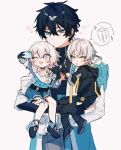  1girl 2boys black_choker black_hair black_jacket black_shirt caelus_(honkai:_star_rail) camera chibi chinese_clothes choker closed_mouth collarbone dan_heng_(honkai:_star_rail) fingerless_gloves glasses gloves grey_hair hair_between_eyes hara_pan-kun highres holding holding_camera honkai:_star_rail honkai_(series) jacket jewelry march_7th_(honkai:_star_rail) medium_hair multiple_boys open_mouth pants pink_hair red_eyeliner scarf shirt short_hair simple_background trailblazer_(honkai:_star_rail) white_shirt yellow_eyes zipper 