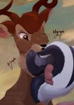  2023 antlers bambi bambi_(film) butt cheek_bulge deer disney duo feral flower_(bambi) fur hi_res horn male mammal mephitid muffled muffled_speech neck_bulge new_world_deer nude nummynumz one_eye_closed oral_vore paws reindeer signature skunk soft_vore sound_effects vore 
