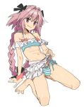  1boy absurdres astolfo_(fate) astolfo_(sparkling_frills)_(fate) bare_legs bare_shoulders barefoot bikini black_bow bow braid bulge fang fang_out fate/extella fate/extella_link fate/extra fate_(series) hair_between_eyes hair_bow hair_intakes highres imamura_ryou long_braid long_hair looking_at_viewer male_focus multicolored_hair navel off-shoulder_bikini off_shoulder official_alternate_costume otoko_no_ko pink_hair purple_eyes scrunchie side-tie_bikini_bottom single_braid skin_fang skirt smile solo stomach streaked_hair striped striped_bikini swimsuit toes two-tone_hair very_long_hair white_hair white_skirt wrist_scrunchie 
