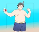  1boy bara belly blue_male_swimwear blush facial_hair fat feet_out_of_frame glasses highres holding holding_poke_ball male_focus male_swimwear manboobs mature_male navel navel_hair neroli_(pokemon) no_nipples odmk_(jinnta4014) poke_ball pokemon pokemon_(game) pokemon_sleep round_eyewear short_hair smile solo stomach stubble swim_trunks thick_eyebrows topless_male 