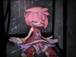  1girl amy_rose animal_ear_fluff animal_ears animal_nose artist_name bare_shoulders bathroom body_fur boots breasts cat_girl closed_eyes commentary danganronpa:_trigger_happy_havoc danganronpa_(series) death dress english_commentary facing_viewer furry furry_female gloves grimace_shake_(meme) highres hope&#039;s_peak_academy indoors knee_boots knees_together_feet_apart kumo_zd mcdonald&#039;s medium_hair meme on_floor open_mouth parody pink_fur pink_hair purple_liquid red_dress scene_reference short_dress signature sitting sleeveless sleeveless_dress small_breasts solo sonic_(series) white_gloves 