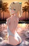  1girl absurdres ass back bare_shoulders blonde_hair blush breasts green_eyes hair_between_eyes hairband highres hololive kazama_iroha medium_breasts medium_hair nisi_ki_no one-piece_swimsuit open_mouth ponytail short_ponytail solo sunset swimsuit virtual_youtuber white_one-piece_swimsuit 