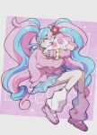  1girl blue_skirt bull_sprite_(pokemon) cardigan choker clefairy_sprite_(pokemon) domidomi444 earrings fairy_miku_(project_voltage) fish_sprite_(pokemon) flower hair_flower hair_ornament hatsune_miku heart heart_choker highres jewelry leg_warmers long_hair multicolored_hair one_eye_closed pink_cardigan pink_footwear pokemon project_voltage scrunchie skirt twintails two-tone_hair very_long_hair vocaloid wrist_scrunchie 