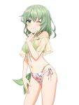  1girl ;) bare_shoulders bikini breasts closed_mouth cowboy_shot floral_print frilled_bikini frills front-tie_top green_bikini green_eyes highres komeiji_koishi light_green_hair looking_at_viewer masho_makamaka medium_hair navel one_eye_closed simple_background smile solo swimsuit touhou wavy_hair white_background 