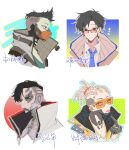  4boys animification apex_legends aqua_shirt barcode bare_pectorals black_eyes black_gloves black_hair black_sclera blonde_hair blue_necktie brown_jacket chinese_text collared_shirt colored_sclera cornrows crypto_(apex_legends) cyborg four_have. gloves hype_beast_crypto inconspicuous_crypto jacket jewelry looking_ahead looking_at_viewer looking_to_the_side machine_language_crypto male_focus mask middle_finger mohawk mouth_mask multiple_boys multiple_persona necklace necktie official_alternate_costume pectorals profile shirt sunglasses tongue tongue_out translation_request undercut white_jacket white_shirt whitelisted_crypto yellow_eyes 