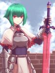  1girl armor armored_dress asellus_(saga_frontier) closed_mouth cloud gauntlets gloves green_hair highres kitaokasensei leotard looking_at_viewer red_eyes saga saga_frontier short_hair solo sword weapon 