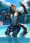  anthro black_body black_fur bulge clockhands clothed clothing felid feline fluffy fluffy_tail fur green_eyes hi_res kemper looking_at_viewer male mammal muscular muscular_male open_mouth outside solo spots spotted_body spotted_fur tail water wet white_spots 