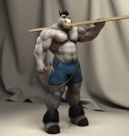  2016 abs anthro barefoot biceps black_hair blue_bottomwear blue_clothing blue_shorts body_hair bottomwear braford chest_hair clothing curtains dated deltoids equid equine facial_hair feet fur goatee grey_body grey_fur hair hammer holding_hammer holding_object holding_plank holding_tool hooves horse leg_tuft looking_at_viewer male mammal musclegut navel nipples object_on_shoulder obliques pecs pubes shorts signature simon_(braford) solo standing tools triceps tuft wood 