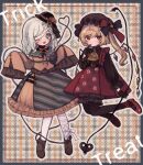  2girls :d adapted_costume ascot bandage_over_one_eye bandaged_head bandaged_leg bandages belt black_belt black_gloves black_headwear black_pantyhose black_shirt blouse brooch brown_bloomers brown_footwear brown_headwear brown_shirt brown_skirt commentary crystal dot_mouth dress english_text flandre_scarlet floral_print frilled_dress frilled_skirt frilled_sleeves frills full_body gloves green_eyes green_skirt halloween_costume hand_up hands_up heart heart_of_string holding jewelry komeiji_koishi laevatein_(touhou) long_hair long_sleeves looking_at_viewer mary_janes medium_hair multiple_girls open_mouth orange_ascot overskirt pantyhose red_dress red_eyes red_footwear red_ribbon ribbon shirt shoes side_ponytail skirt smile striped striped_skirt third_eye tilted_headwear touhou trick_or_treat turtleneck vertical-striped_skirt vertical_stripes white_pantyhose wings yujup 