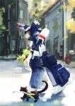  absurdres assault_visor bag cat chinese_commentary daier decepticon food heart highres holding holding_bag leaning_forward mecha open_hand ravage_(transformers) red_eyes robot shoulder_cannon soundwave_(transformers) spring_onion transformers vegetable walking 