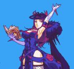  1girl bare_shoulders blue_background book breasts cleavage commentary_request dress elbow_gloves fascinator fire_emblem fire_emblem_engage flower glaceo gloves hair_ornament holding holding_book ivy_(fire_emblem) jewelry large_breasts long_hair looking_at_viewer mole mole_under_mouth open_mouth parted_lips pixel_art purple_eyes purple_hair rose solo thighhighs white_gloves 