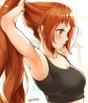  1girl armpits arms_up black_shirt blush breasts brown_eyes brown_hair cleavage closed_mouth collarbone crop_top cropped_shirt from_side idolmaster idolmaster_cinderella_girls idolmaster_cinderella_girls_starlight_stage long_hair looking_at_another medium_breasts midriff nira_(vira) ponytail shirt solo sweat twitter_username tying_hair upper_body very_long_hair wakabayashi_tomoka white_background 