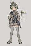  1girl brown_eyes camouflage green_hair grey_background grey_footwear grey_thighhighs gun helmet highres holding holding_gun holding_weapon knee_pads military military_uniform original short_hair simple_background solo thighhighs uniform watermark weapon zhongye_yu 