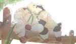  &lt;3 2023 anthro belly big_belly bottomwear canid canine canis clothing detailed_background domestic_dog duo ginsingoo1 hi_res kemono kissing male mammal outside overweight overweight_male plant shirt shorts sitting topwear tree 