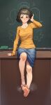  1girl bare_legs barefoot beeeeen blush breasts brown_eyes brown_hair collarbone denim denim_skirt feet full_body highres kawakami_sadayo legs medium_breasts persona persona_5 shirt short_hair sitting skirt smile soles solo striped striped_shirt toes yellow_shirt 