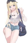  1girl backwards_hat bag bandaid bandaid_on_face bandaid_on_nose baseball_cap blonde_hair breasts centi_(nikke) centi_(supreme_holiday)_(nikke) cleavage clothing_cutout crop_top denim denim_shorts goddess_of_victory:_nikke hat highres jewelry long_hair looking_at_viewer necklace open_mouth satchel shorts shoulder_cutout smile solo standing white_background xi_oshir1 
