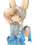  1other =3 ambiguous_gender animal_ears aqua_skirt arm_up armpits artist_name bare_shoulders blue_ribbon blush brown_fur commentary_request cowboy_shot furry grey_background grey_hair grey_shirt hands_up highres holding holding_ribbon horizontal_pupils made_in_abyss motion_lines mumu_yu_mu nanachi_(made_in_abyss) one_eye_closed ribbon shirt short_hair sidelocks signature simple_background skirt sleeveless sleeveless_shirt solo whiskers wiping_forehead 