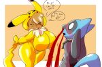  2021 anthro big_breasts blood blue_body blue_fur blush bodily_fluids bottomwear breasts brown_body brown_fur chest_tuft clothed clothing cosplay_pikachu_(costume) curvy_figure dialogue digital_drawing_(artwork) digital_media_(artwork) duo eevee eve_(joaoppereiraus) eyes_closed female fully_clothed fur generation_1_pokemon generation_4_pokemon hair happy larger_female looking_at_another male nintendo nosebleed pants pokemon pokemon_(species) riolu size_difference smaller_male smile solratic standing tuft voluptuous zipper 