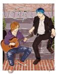  2boys acoustic_guitar black_jacket blue_hair blue_pants brown_hair cigarette_pack collarbone cu_chulainn_(fate) drawstring earrings fate_(series) guitar hal_(haaaalhal) highres holding holding_cigarette_pack holding_guitar holding_instrument hood hoodie instrument jacket jewelry long_hair lower_teeth_only male_focus marlboro multiple_boys music musical_note pants playing_instrument purple_hoodie shirt shoes short_hair singing sitting sitting_on_stairs sneakers spoken_musical_note stairs teeth uryuu_ryuunosuke white_shirt 