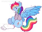  2023 blue_body blue_feathers blue_fur blush clothing cutie_mark equid equine feathered_wings feathers female feral footwear friendship_is_magic fur hair hasbro hi_res long_tail mammal multicolored_hair multicolored_tail my_little_pony pegasus pink_eyes rainbow_dash_(mlp) rainbow_hair rainbow_tail signature sitting smile socks solo spookyfoxinc sweater tail tongue tongue_out topwear wings 