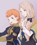  2girls annette_fantine_dominic blonde_hair brushing_another&#039;s_hair brushing_hair commentary_request fire_emblem fire_emblem:_three_houses garreg_mach_monastery_uniform green_eyes mercedes_von_martritz multiple_girls open_mouth orange_hair side_ponytail teeth upper_teeth_only yu_kiti24 