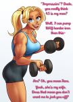  absurdres beverly_(nortuet) blonde_hair blue_eyes caption cheating_(relationship) exercise gym_uniform highres implied_cheating_(relationship) lipstick makeup muscular muscular_female non-web_source nortuet simple_background tan tank_top third-party_edit tomboy weightlifting 